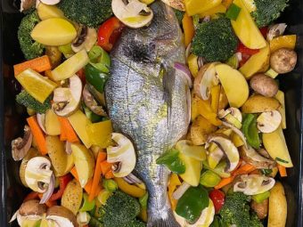 Baked vegetables Baked vegetables from the tin – with sea bream