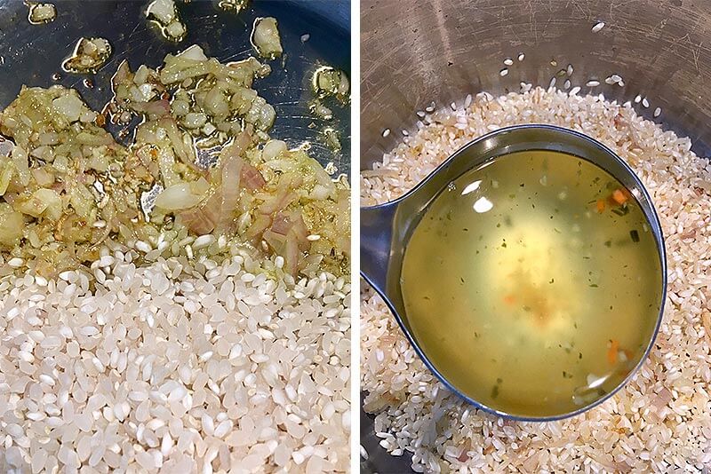 Fry the risotto rice onions in olive oil